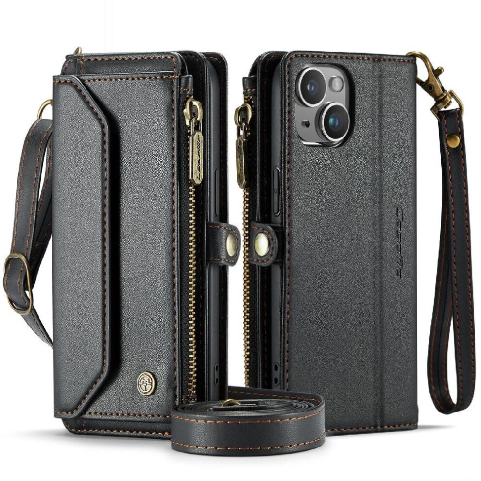 (Black) Crossbody Flip Case For Iphone 13Mini Rfid Blocking Card Holder Case Wallet Zipper Bills Slot Black 764549470495