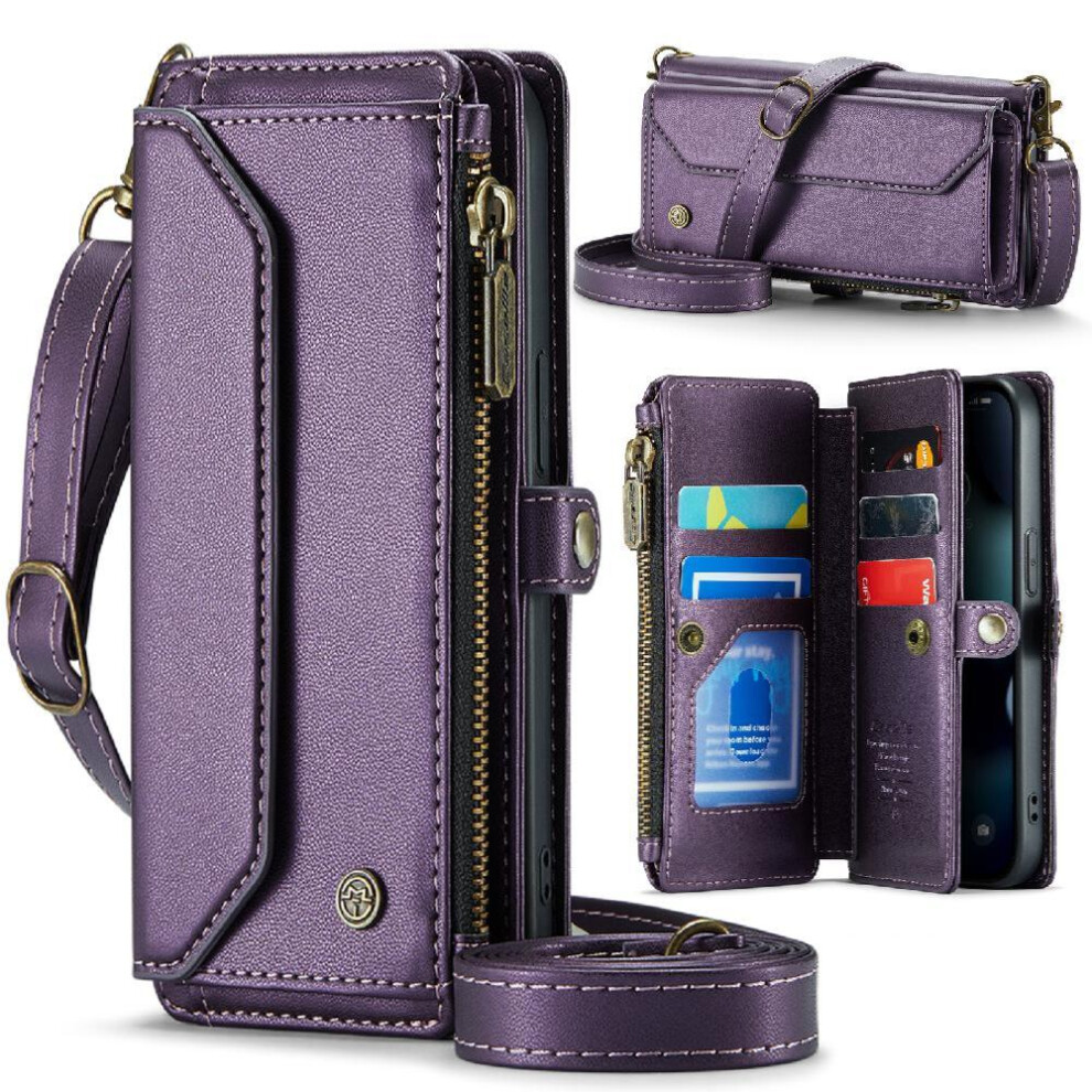 (Purple) Crossbody Flip Case For Iphone 13Mini Rfid Blocking Card Holder Case Wallet Zipper Bills Slot Purple 764549470501