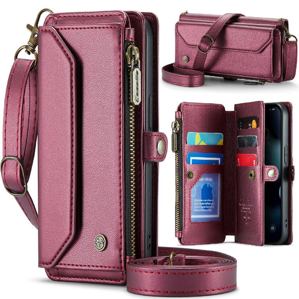 (Red) Crossbody Flip Case For Iphone 13Mini Rfid Blocking Card Holder Case Wallet Zipper Bills Slot Red 764549470518