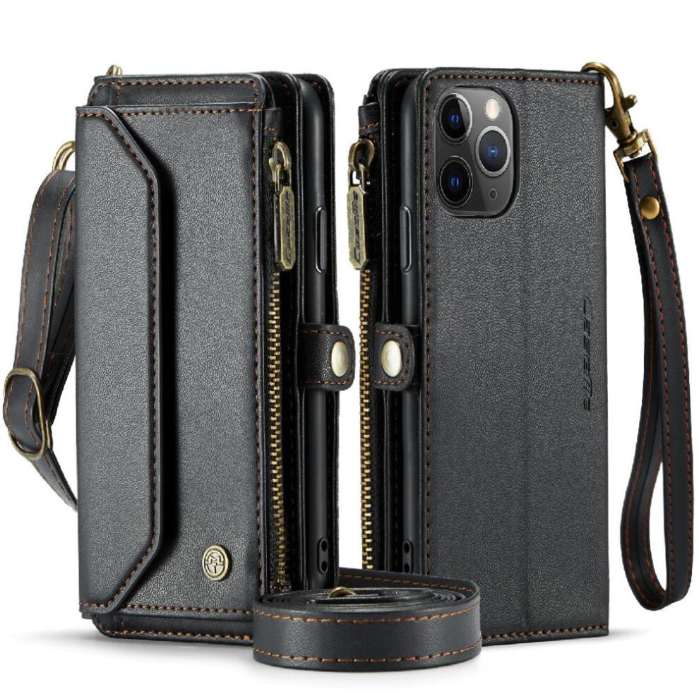 (Black) Crossbody Case For Iphone 11Pro Zipper Bills Slot Case Wallet Rfid Blocking Card Holder Black 764549470693