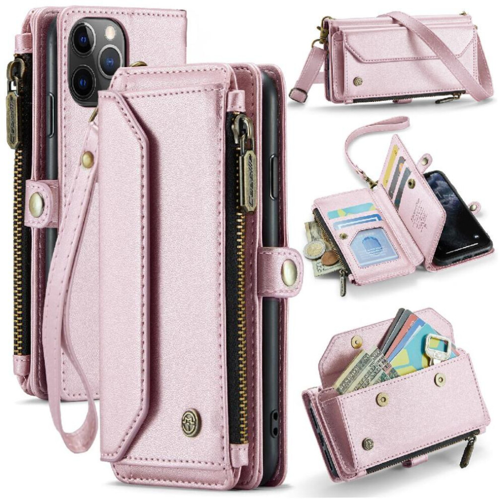 (Pink) Crossbody Case For Iphone 11Pro Zipper Bills Slot Case Wallet Rfid Blocking Card Holder Pink 764549470723