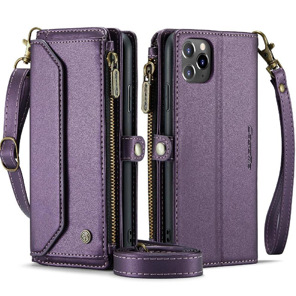 (Purple) Crossbody Flip Case For Iphone 11 Promax Rfid Blocking Card Holder Zipper Bills Slot Case Wallet Purple 764549470754
