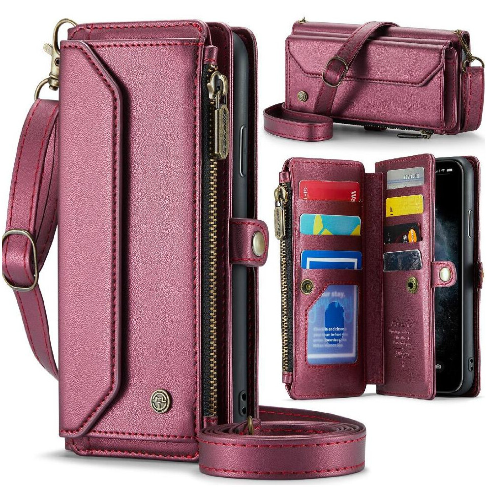 (Red) Crossbody Flip Case For Iphone 11 Promax Rfid Blocking Card Holder Zipper Bills Slot Case Wallet Red 764549470761