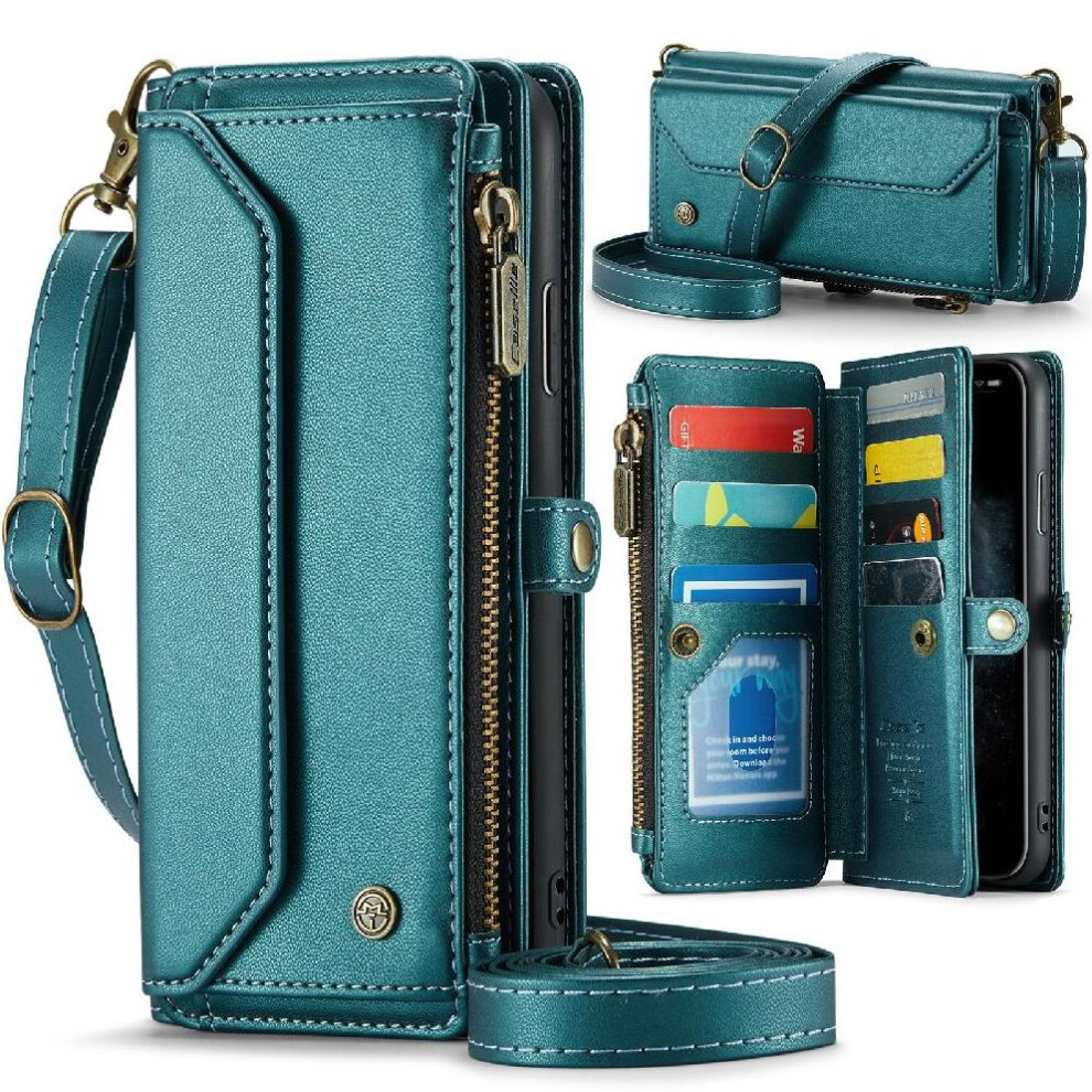 (Green) Crossbody Flip Case For Iphone 11 Promax Rfid Blocking Card Holder Zipper Bills Slot Case Wallet Green 764549470785
