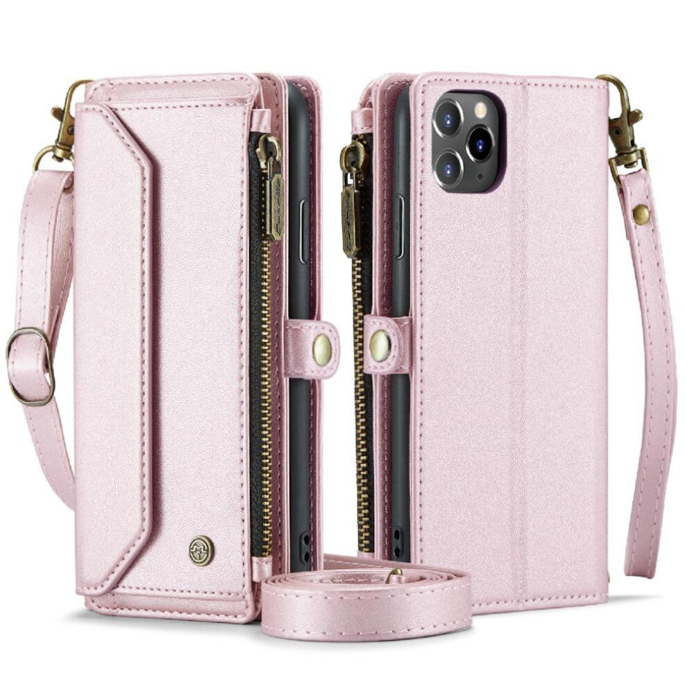 (Pink) Crossbody Flip Case For Iphone 11 Promax Rfid Blocking Card Holder Zipper Bills Slot Case Wallet Pink 764549470778