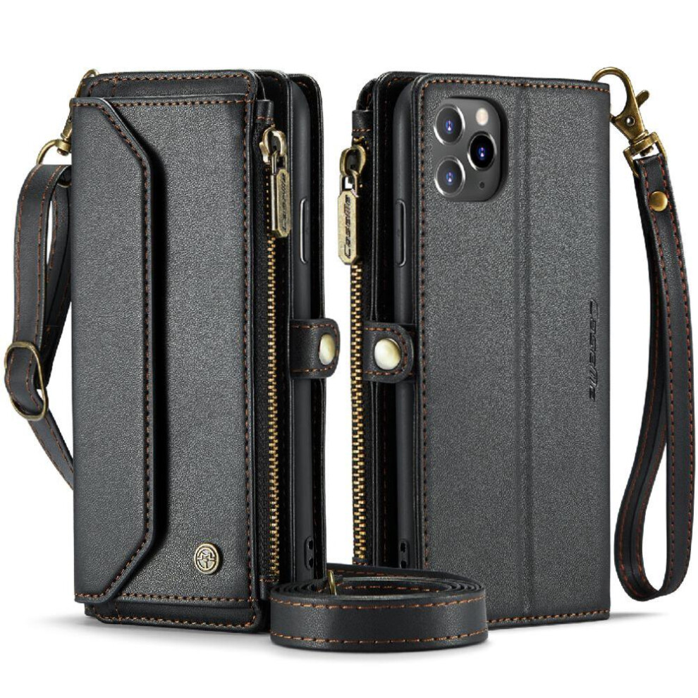 (Black) Crossbody Flip Case For Iphone 11 Promax Rfid Blocking Card Holder Zipper Bills Slot Case Wallet Black 764549470747