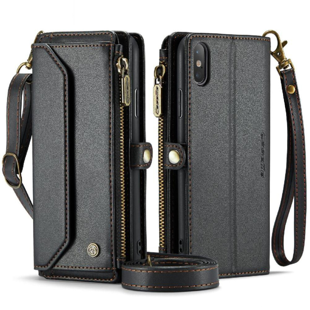 (Black) Crossbody Flip Case For Iphone X Card Holder Case Wallet Zipper Bills Slot Rfid Blocking Black 764549470945