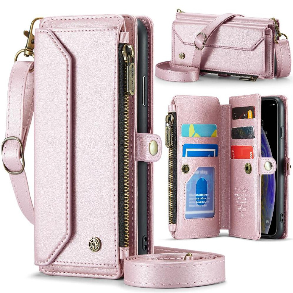 (Pink) Crossbody Flip Case For Iphone X Card Holder Case Wallet Zipper Bills Slot Rfid Blocking Pink 764549470976