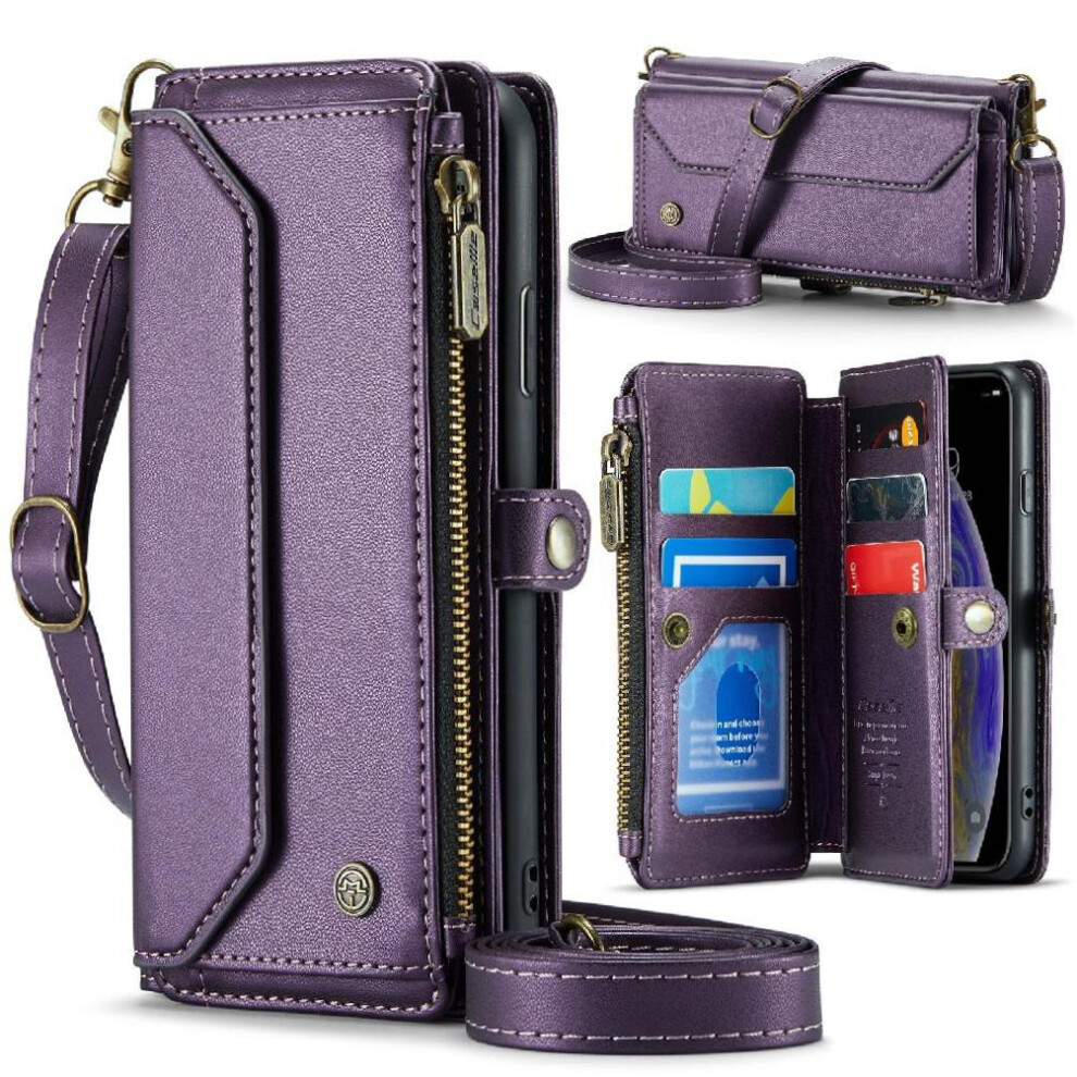 (Purple) Crossbody Flip Case For Iphone X Card Holder Case Wallet Zipper Bills Slot Rfid Blocking Purple 764549470952