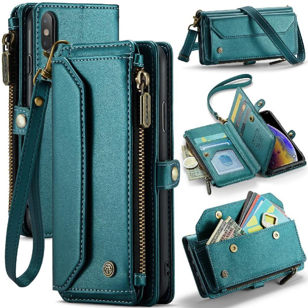 (Green) Crossbody Flip Case For Iphone Xs Case Wallet Zipper Bills Slot Rfid Blocking Card Holder Green 764549471034
