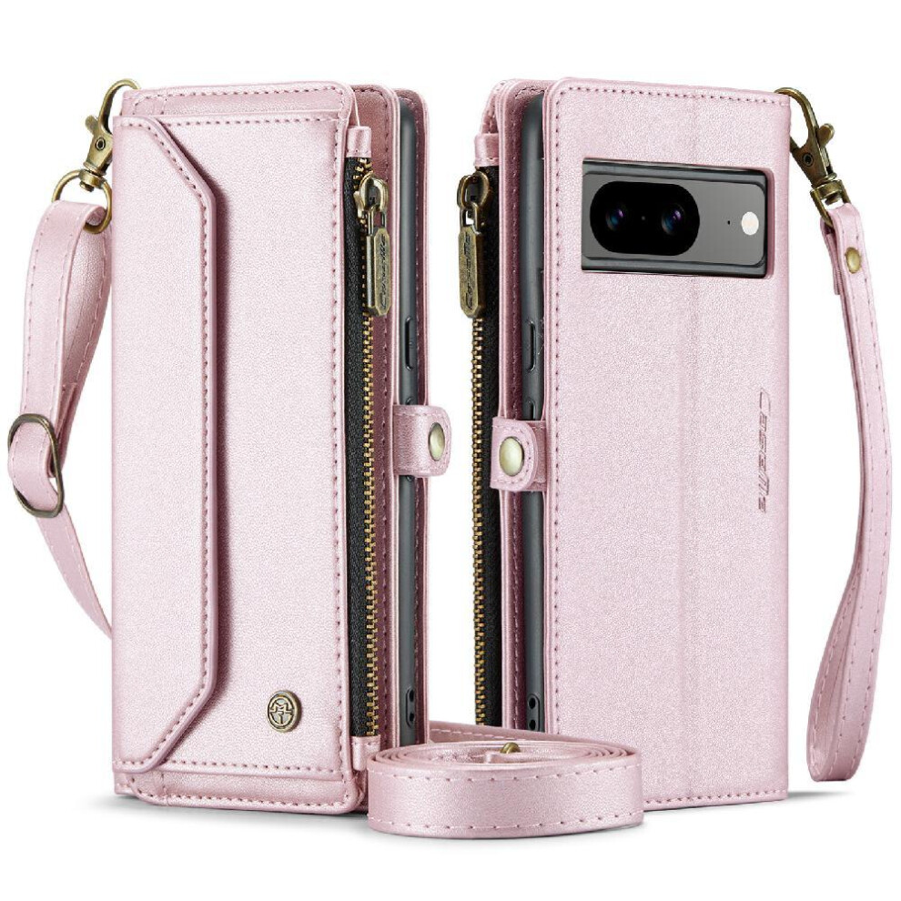 (Pink) Crossbody Flip Case For Google Pixel8 Zipper Bills Slot Card Holder Rfid Blocking Case Wallet Pink 764549471072