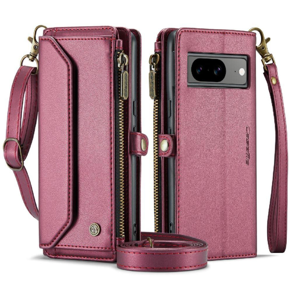 (Red) Crossbody Flip Case For Google Pixel8 Zipper Bills Slot Card Holder Rfid Blocking Case Wallet Red 764549471065
