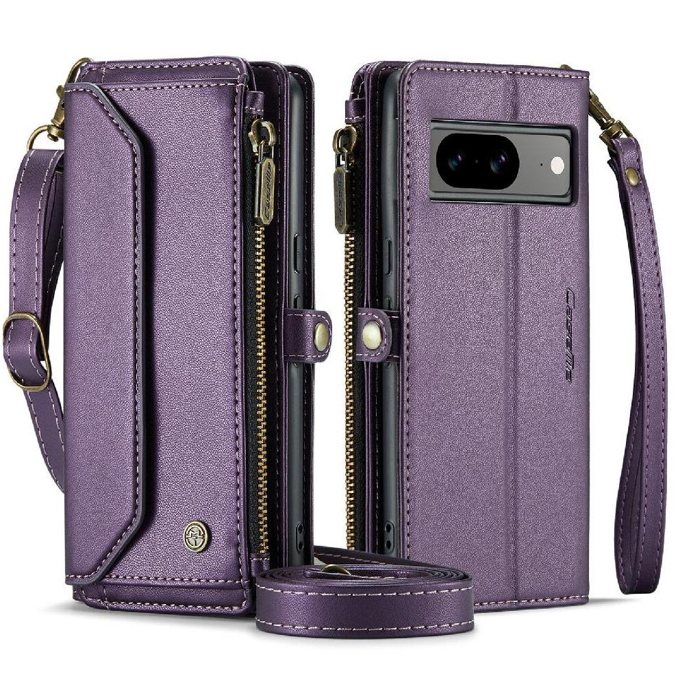 (Purple) Crossbody Flip Case For Google Pixel8 Zipper Bills Slot Card Holder Rfid Blocking Case Wallet Purple 764549471058