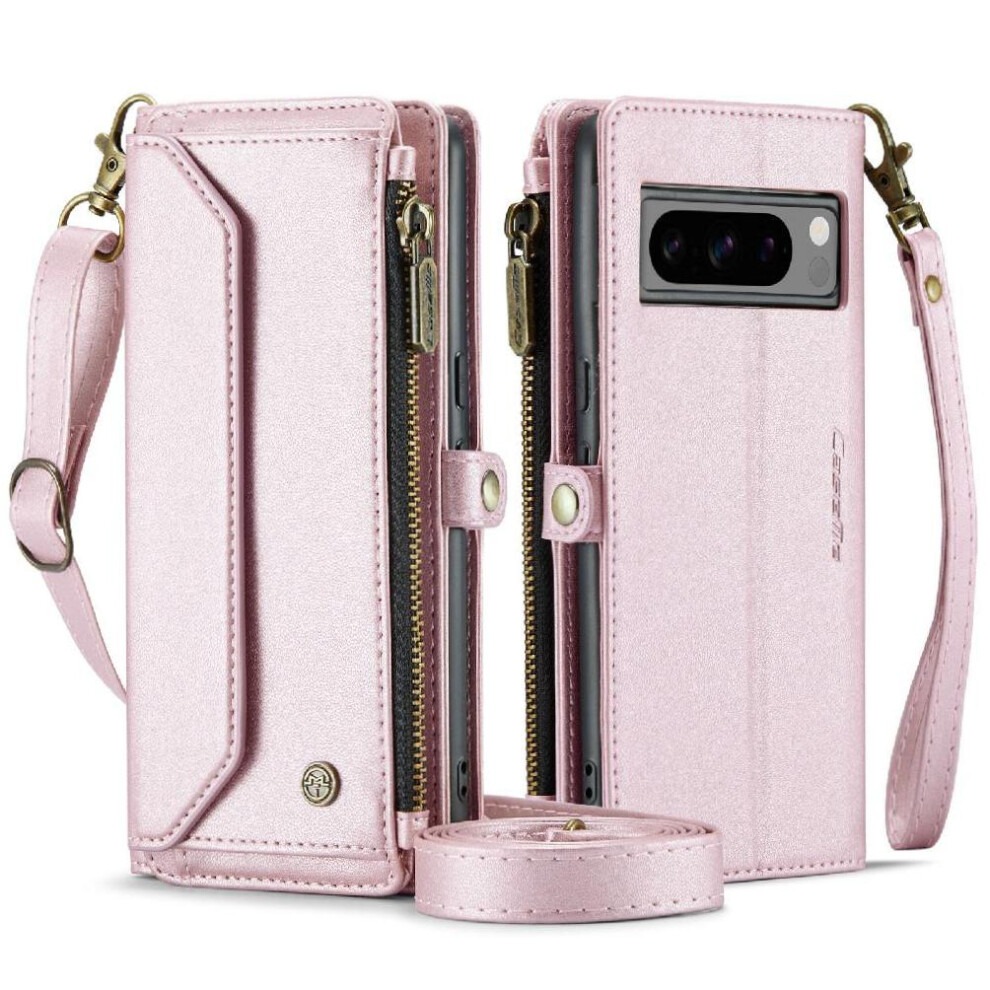 (Pink) Crossbody Flip Case For Google Pixel8 Pro Rfid Blocking Card Holder Zipper Bills Slot Case Wallet Pink 764549471126
