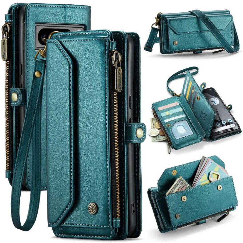 (Green) Crossbody Flip Case For Google Pixel8 Pro Rfid Blocking Card Holder Zipper Bills Slot Case Wallet Green 764549471133
