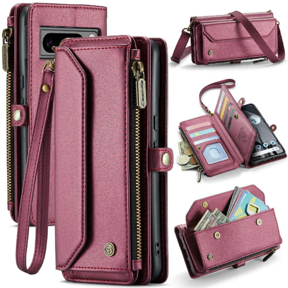 (Red) Crossbody Flip Case For Google Pixel8 Pro Rfid Blocking Card Holder Zipper Bills Slot Case Wallet Red 764549471119