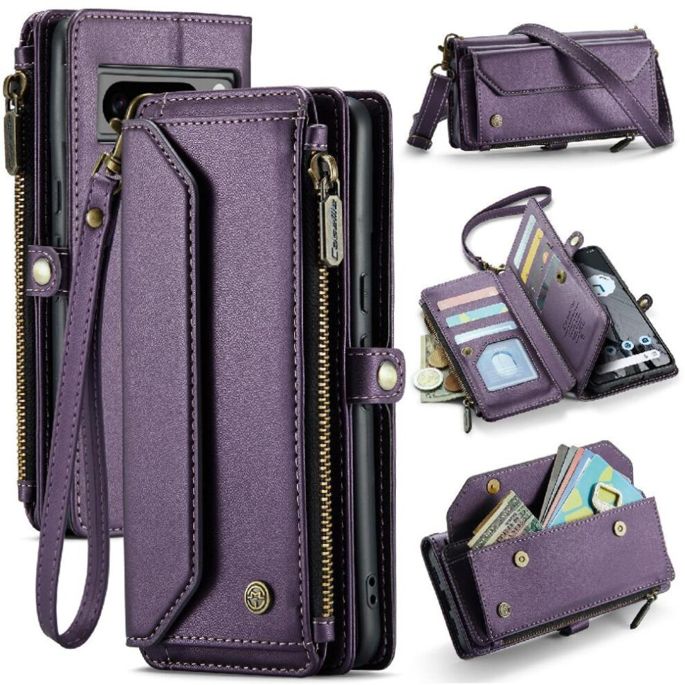 (Purple) Crossbody Flip Case For Google Pixel8 Pro Rfid Blocking Card Holder Zipper Bills Slot Case Wallet Purple 764549471102
