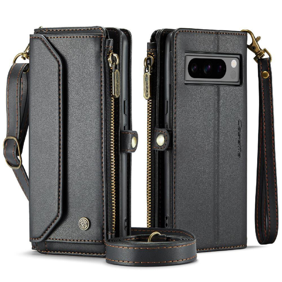 (Black) Crossbody Flip Case For Google Pixel8 Pro Rfid Blocking Card Holder Zipper Bills Slot Case Wallet Black 764549471096
