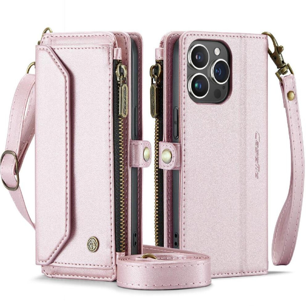 (Pink) Crossbody Flip Case For Iphone 14 Promax Card Holder Rfid Blocking Case Wallet Zipper Bills Slot Pink 764549471874