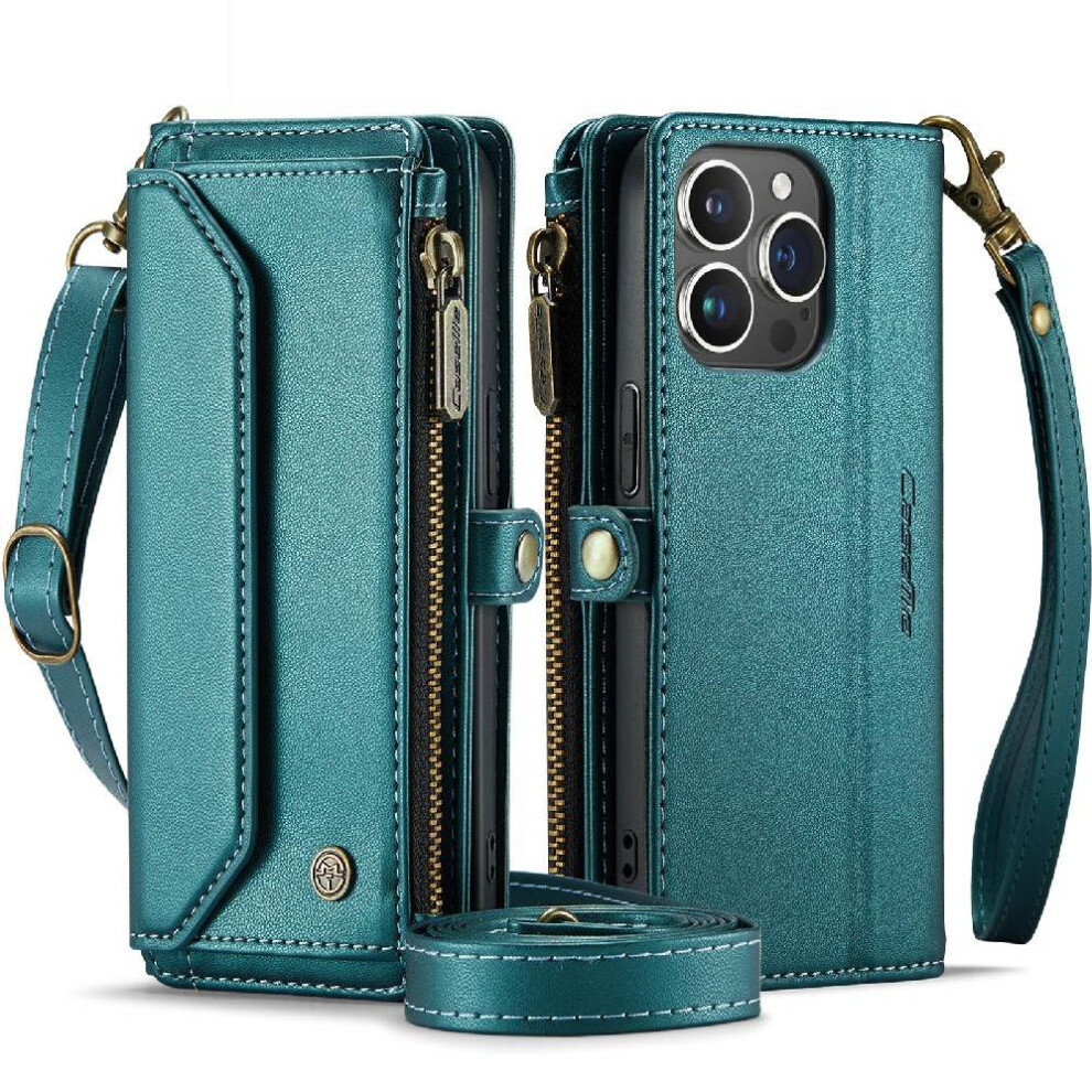 (Green) Crossbody Flip Case For Iphone 14 Promax Card Holder Rfid Blocking Case Wallet Zipper Bills Slot Green 764549471881