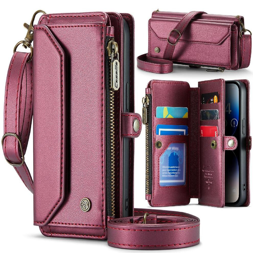 (Red) Crossbody Flip Case For Iphone 14 Promax Card Holder Rfid Blocking Case Wallet Zipper Bills Slot Red 764549471867
