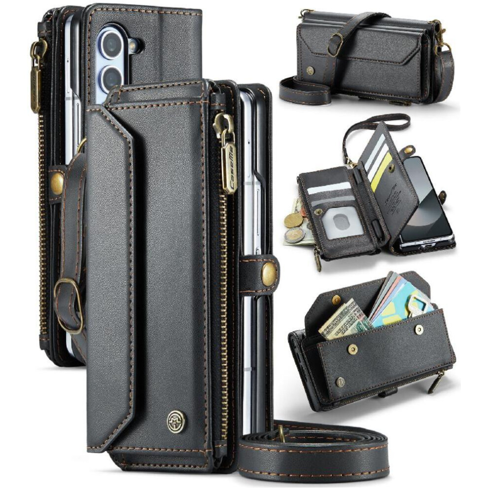 (Black) Crossbody Flip Case For Samsung Galaxy Z Fold6 5G Card Holder Zipper Bills Slot Rfid Blocking Case Wallet Black 764549472390