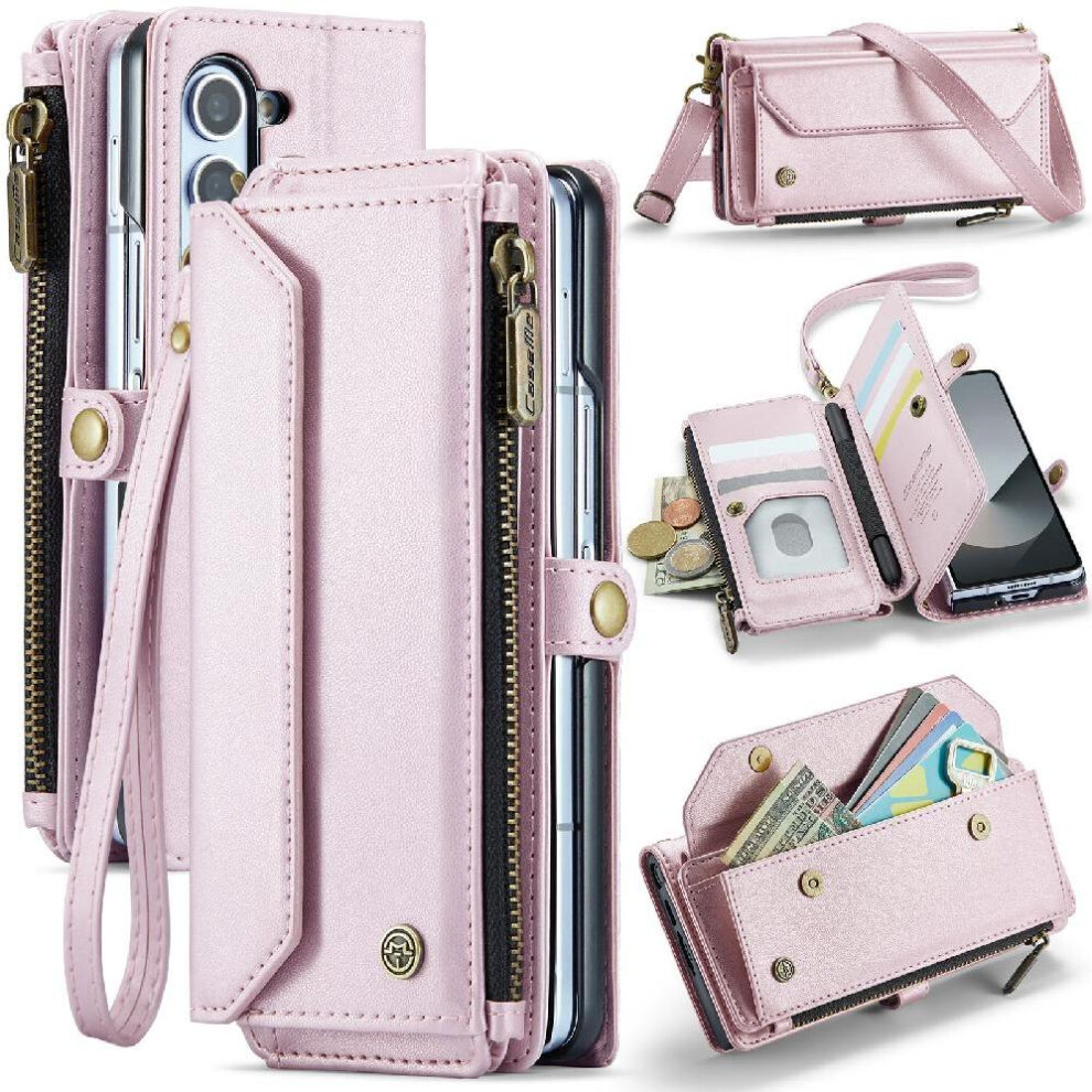 (Pink) Crossbody Flip Case For Samsung Galaxy Z Fold6 5G Card Holder Zipper Bills Slot Rfid Blocking Case Wallet Pink 764549472420