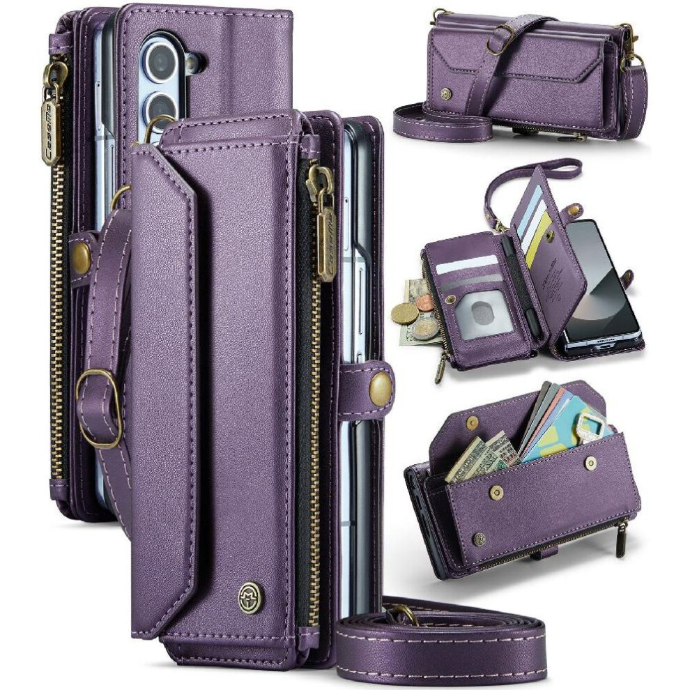 (Purple) Crossbody Flip Case For Samsung Galaxy Z Fold6 5G Card Holder Zipper Bills Slot Rfid Blocking Case Wallet Purple 764549472406