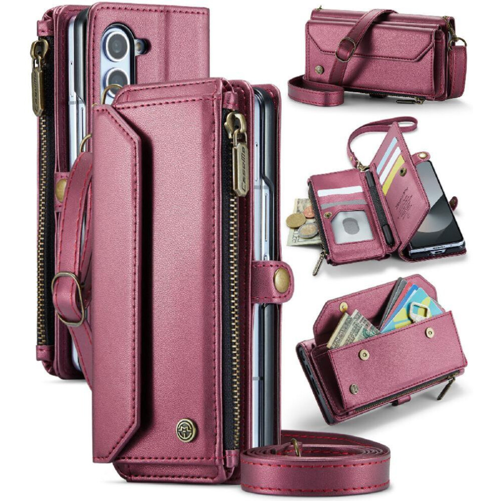 (Red) Crossbody Flip Case For Samsung Galaxy Z Fold6 5G Card Holder Zipper Bills Slot Rfid Blocking Case Wallet Red 764549472413