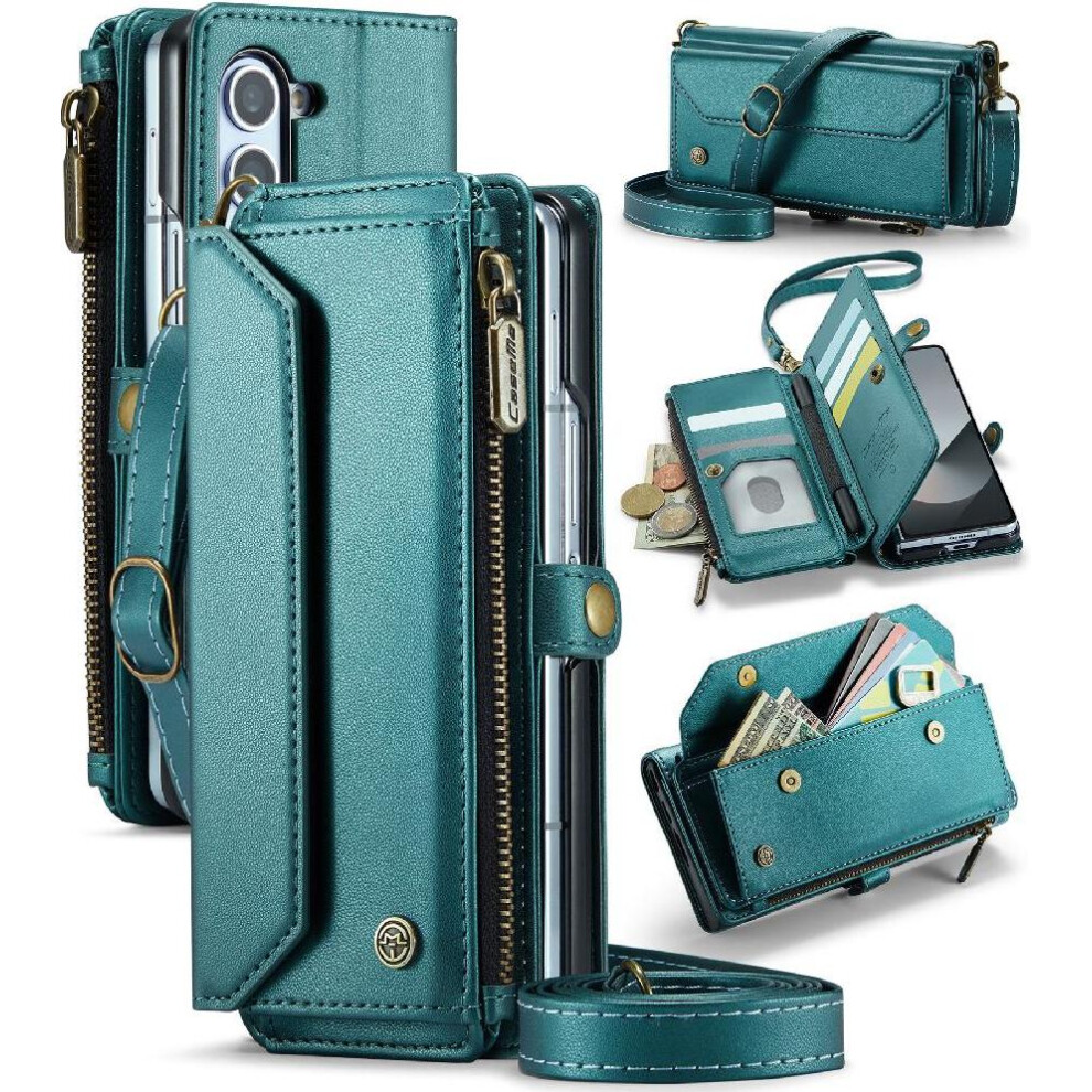 (Green) Crossbody Flip Case For Samsung Galaxy Z Fold6 5G Card Holder Zipper Bills Slot Rfid Blocking Case Wallet Green 764549472437