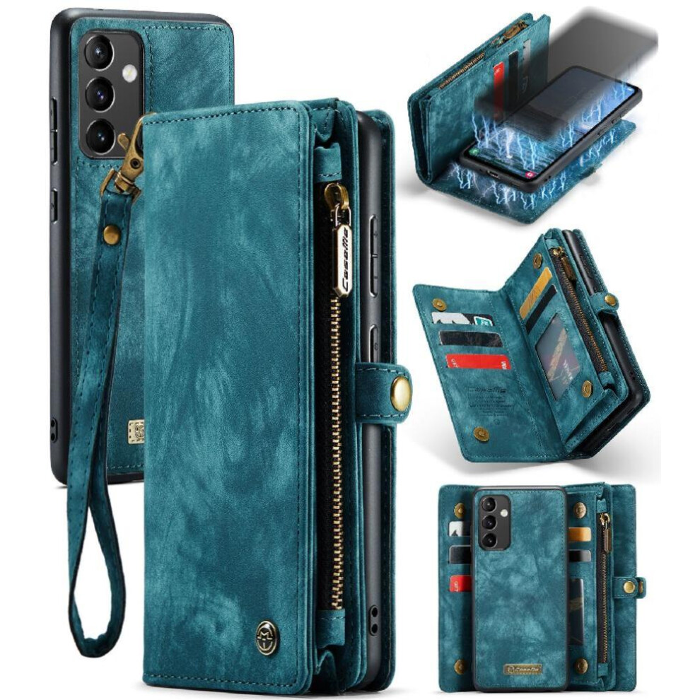 (Blue) Case For Samsung Galaxy A54 Tpu Pc Handmade Leather Zipper Detachable Card Holder Strong Magnetic Wallet Cover Trifold With Blue 764549474370