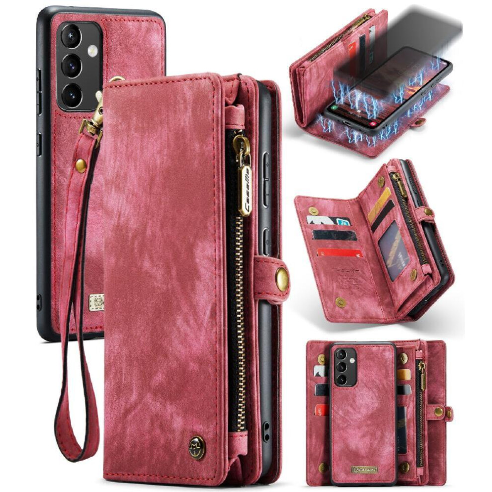 (Red) Case For Samsung Galaxy A54 Tpu Pc Handmade Leather Zipper Detachable Card Holder Strong Magnetic Wallet Cover Trifold With Red 764549474349