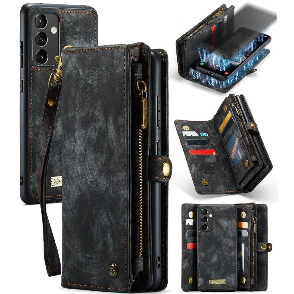 (Black) Case For Samsung Galaxy A54 Tpu Pc Handmade Leather Zipper Detachable Card Holder Strong Magnetic Wallet Cover Trifold With Black 764549474363