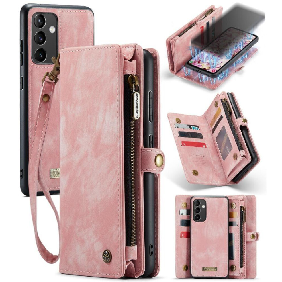 (Pink) Case For Samsung Galaxy A54 Tpu Pc Handmade Leather Zipper Detachable Card Holder Strong Magnetic Wallet Cover Trifold With Pink 764549474387