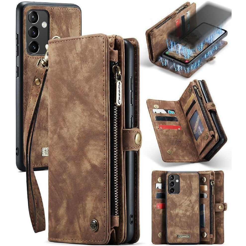 (Brown) Case For Samsung Galaxy A54 Tpu Pc Handmade Leather Zipper Detachable Card Holder Strong Magnetic Wallet Cover Trifold With Brown 764549474356