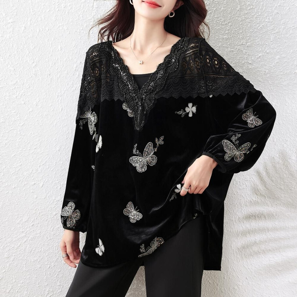 (XXXL, black) Women&apos;s Plus Size V-neck Lace Hollow Velvet Top Autumn Loose Fit Bead Sequins