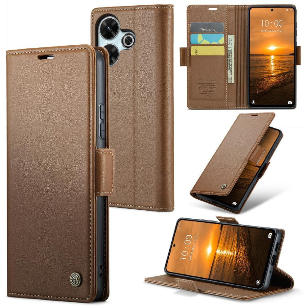 (Brown) Caseme Case For Xiaomi Redmi 13 4G Wallet Case Kickstand Card Slot Anti Fraud Shockproof Case Brown 764549475117