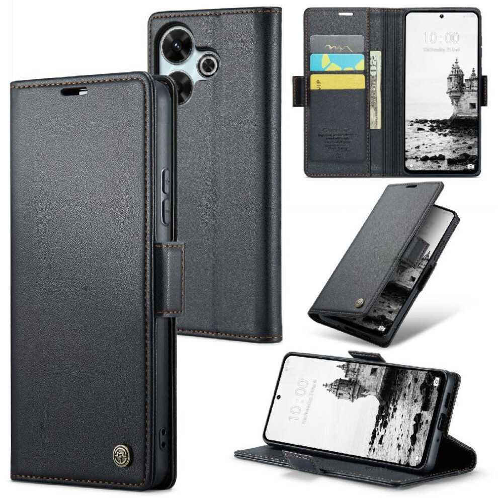 (Black) Caseme Case For Xiaomi Redmi 13 4G Wallet Case Kickstand Card Slot Anti Fraud Shockproof Case Black 764549475124