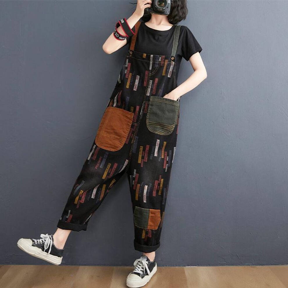 (XXL, black) Spring And Summer Women&apos;s Retro Printed Denim Patch One-piece Jeans Jumpsuits