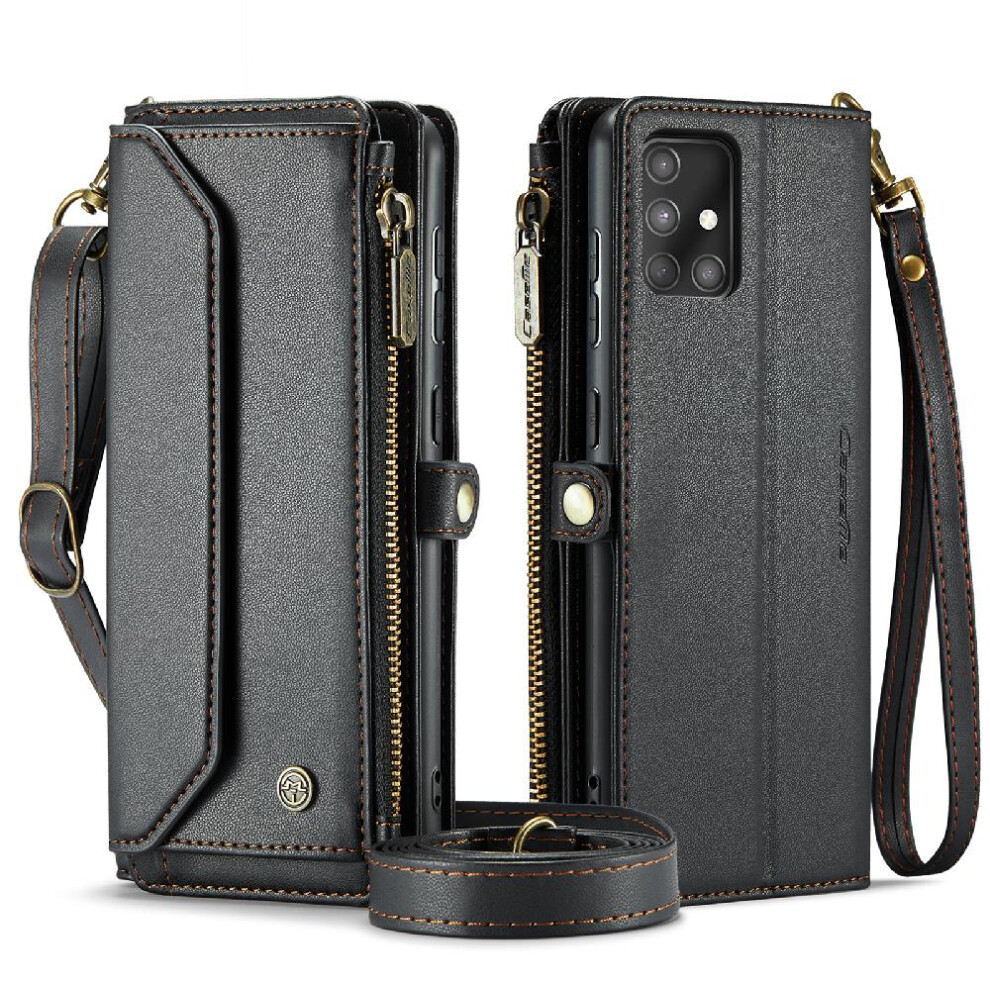 (Black) Crossbody Case For Samsung Galaxy A71 4G Card Holder Zipper Bills Slot Rfid Blocking Case Wallet Wallet Case For Women Black 764549478651