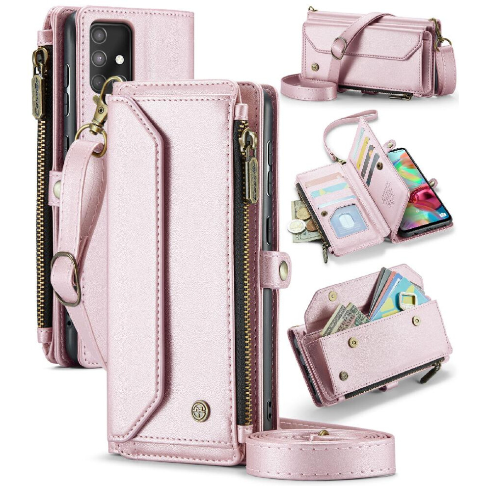 (Pink) Crossbody Case For Samsung Galaxy A71 4G Card Holder Zipper Bills Slot Rfid Blocking Case Wallet Wallet Case For Women Pink 764549478682