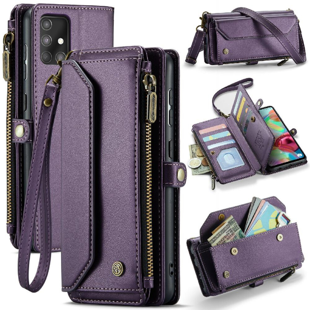 (Purple) Crossbody Case For Samsung Galaxy A71 4G Card Holder Zipper Bills Slot Rfid Blocking Case Wallet Wallet Case For Women Purple 764549478668