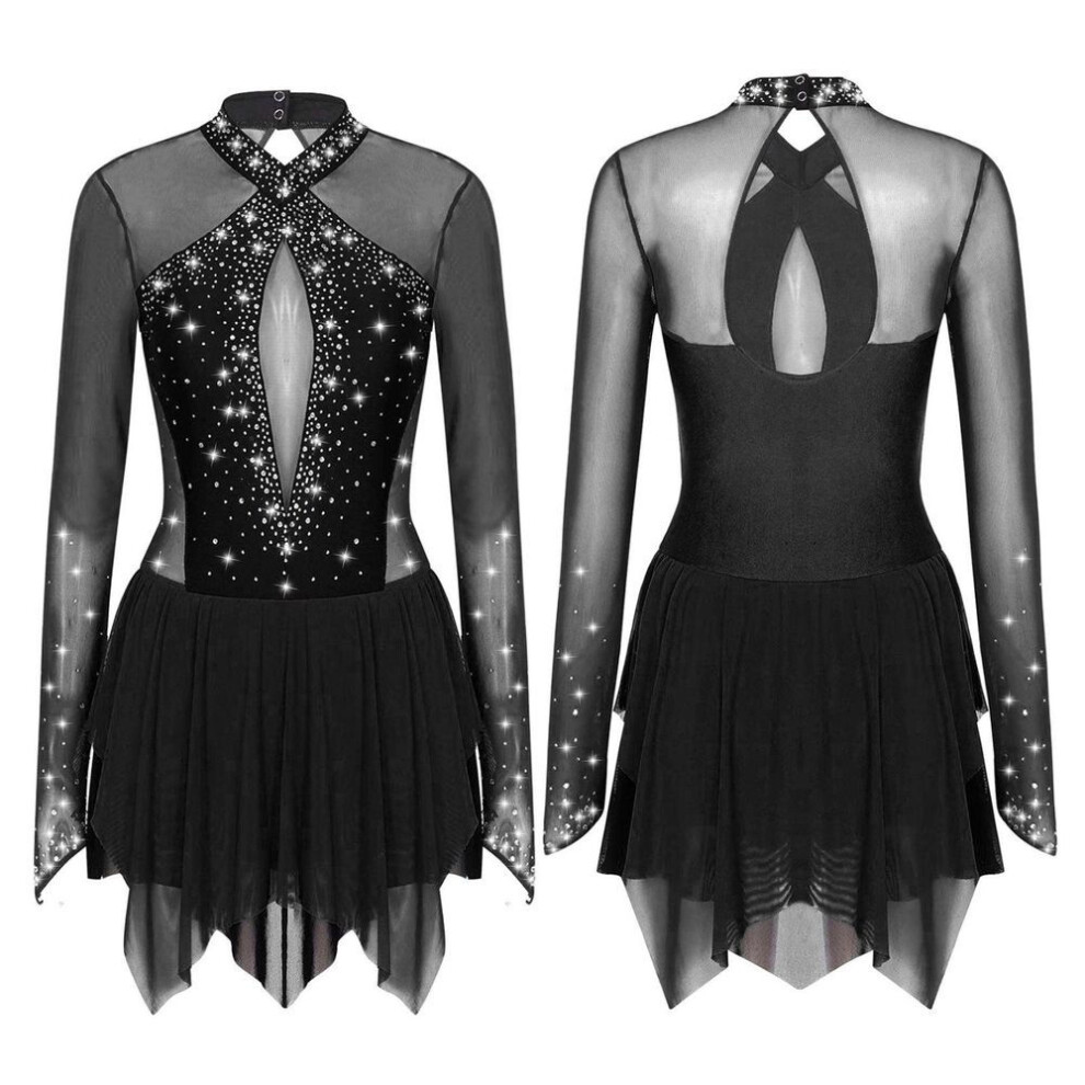 (black, S) Womens Sparkling Rhinestones Dance Dress Contrast Color Keyhole Back Figure Skating Long Sleeve Dresses