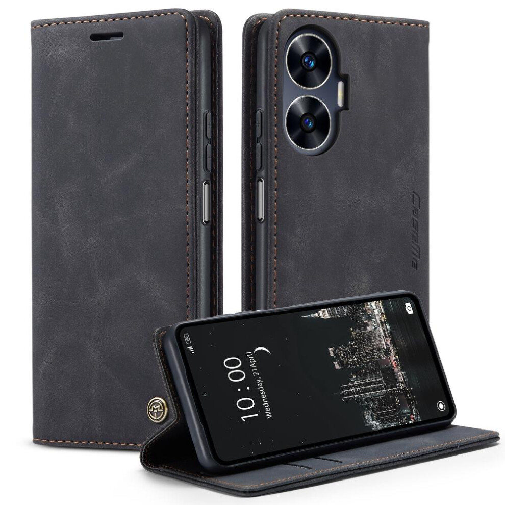 (Black) Flip Case For Realme C55 Flip Folio Book Magnetic Closure Shockproof Vintage Pu Leather Wallet Case Card Slot Kickstand Black 764549481149