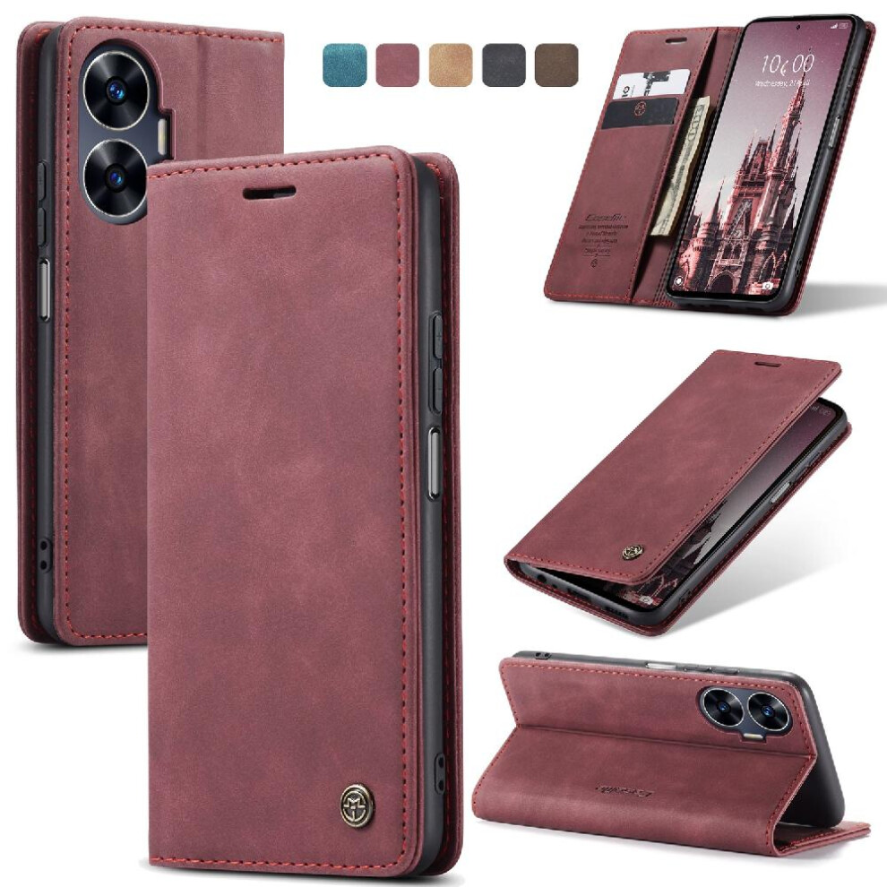 (Red) Flip Case For Realme C55 Flip Folio Book Magnetic Closure Shockproof Vintage Pu Leather Wallet Case Card Slot Kickstand Red 764549481101
