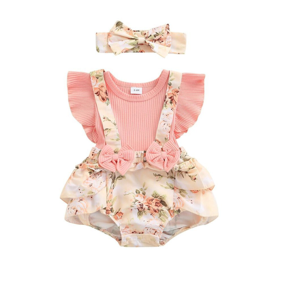 (pink, 3-6 Months) Baby Girls Two-piece Clothes Set, Pink Floral Printed Pattern Fly Sleeves Romper And Bow Knot Headdress, 0-18 Months