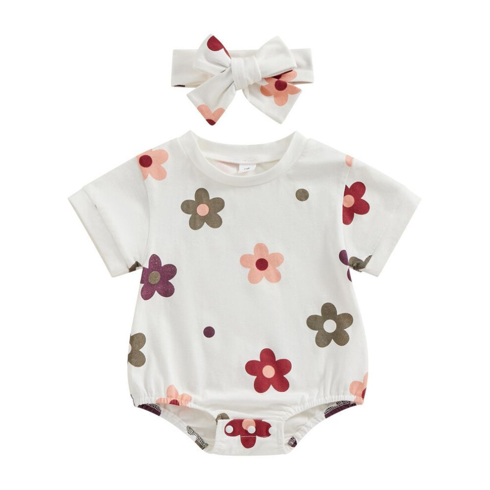 (white, 3-6 Months) Infant Baby Girl Summer Jumpsuit Flower Print Round Neck Short Sleeve Romper With Bow Headband