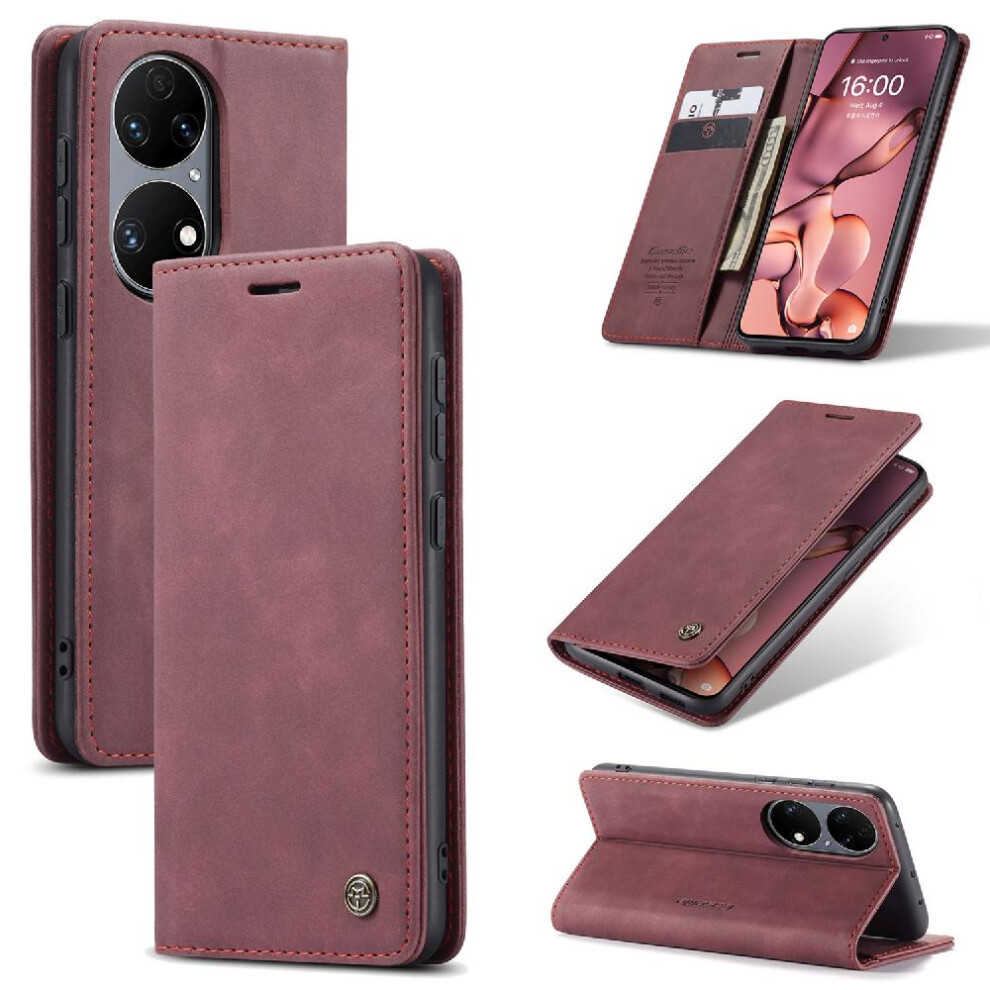 (Red) Flip Case For Huawei P50 Pro Vintage Pu Leather Wallet Flip Folio Book Case Card Slot Kickstand Magnetic Closure Shockproof Red 764549481552