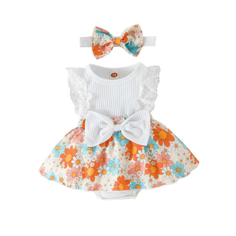 (white, 6-12 Months) Infant Baby Girls Patchwork Jumpsuit, Flower Print Lace Sleeveless Round Neck Front Bowknot Romper + Headband