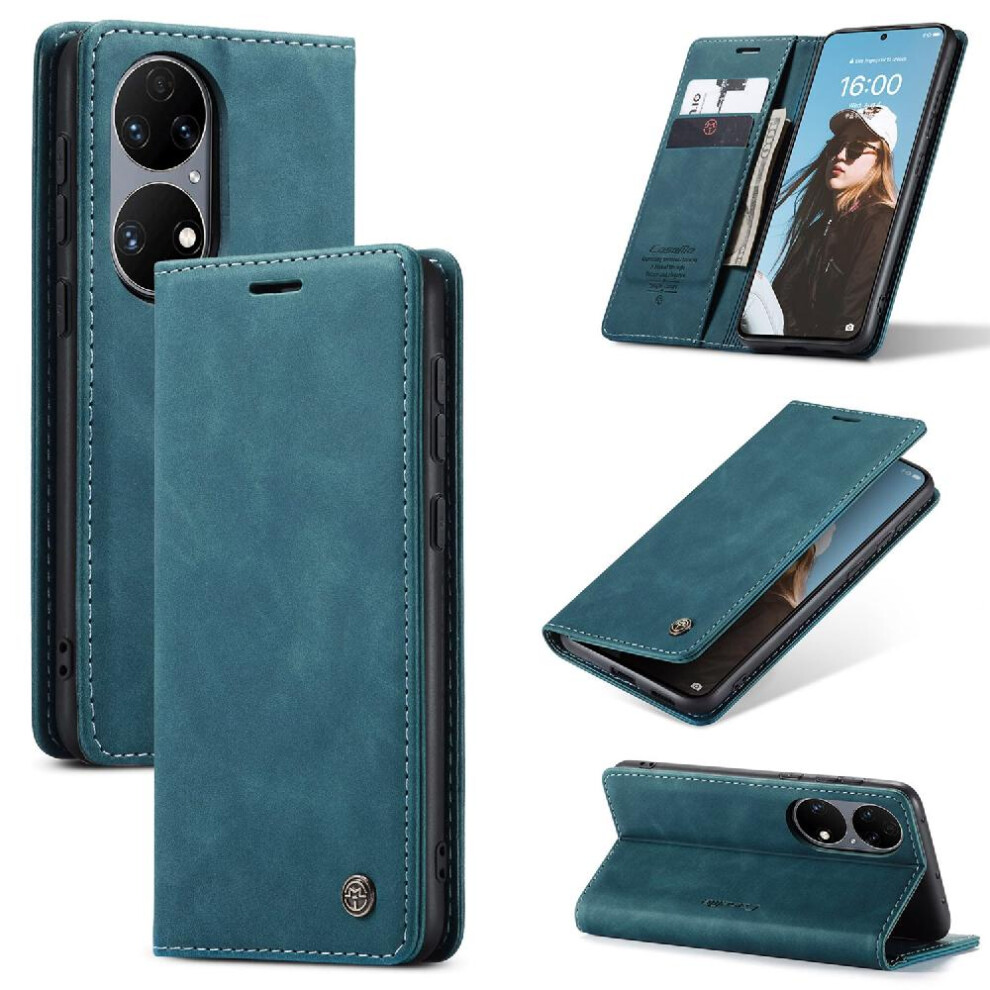 (Blue) Flip Case For Huawei P50 Magnetic Closure Shockproof Vintage Pu Leather Wallet Flip Folio Book Case Card Slot Kickstand Blue 764549481620